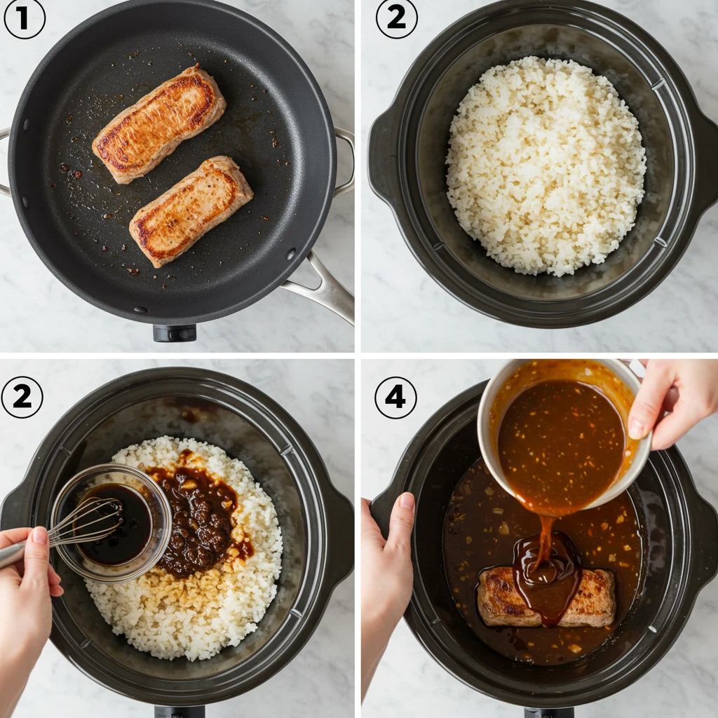 Combined steps image for pork tenderloin and rice crockpot recipe hoisin showing: 1) Searing pork, 2) Adding to crockpot, 3) Mixing sauce, 4) Pouring sauce over ingredients.