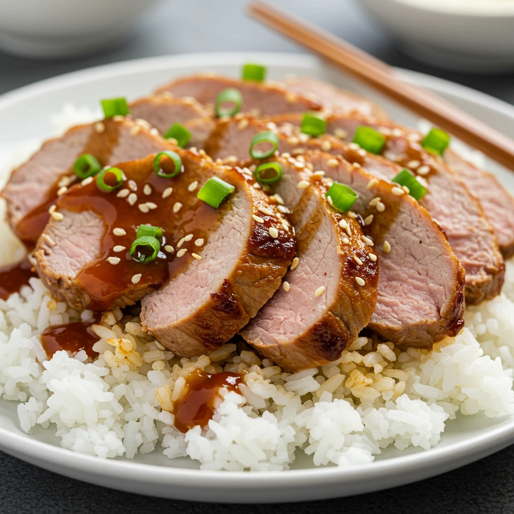 Final, tempting image of the plated pork tenderloin and rice crockpot recipe hoisin, ready to be enjoyed!