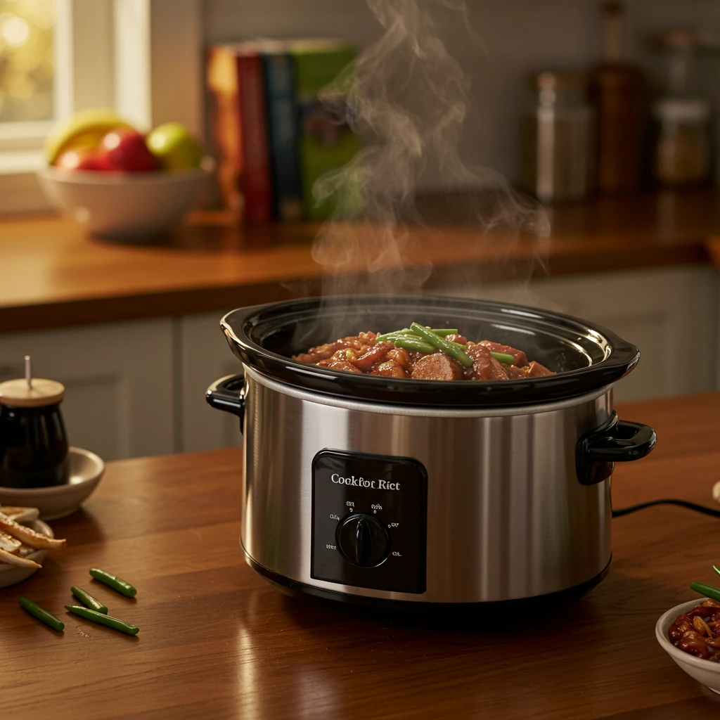 Warm and inviting kitchen scene with a slow cooker simmering, suggesting a cozy home cooking atmosphere and the preparation of pork tenderloin and rice crockpot recipe hoisin.