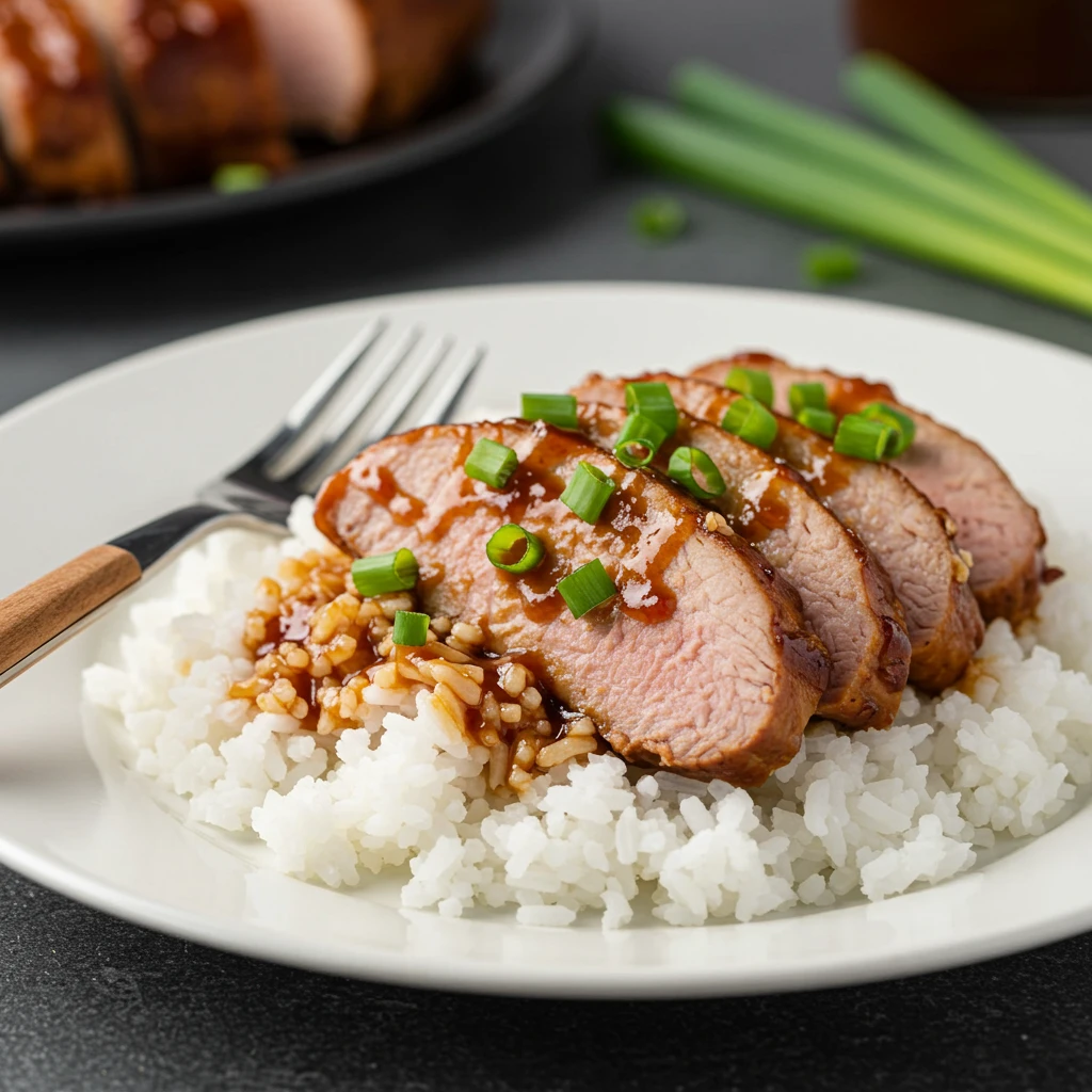 Appetizing close-up image of the finished pork tenderloin and rice crockpot recipe hoisin, showcasing the tender pork, fluffy rice, and rich hoisin glaze.