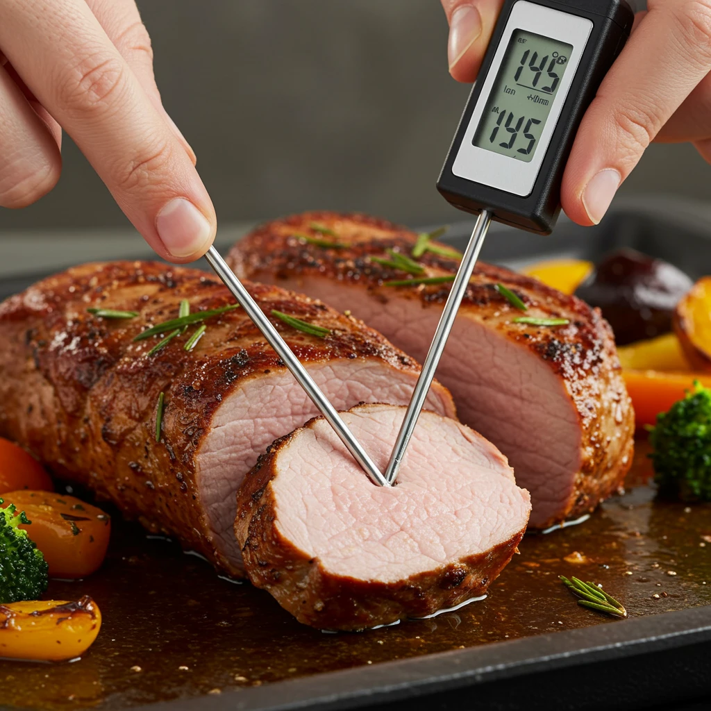 Pro Tip: Image showing how to use a meat thermometer to check the internal temperature of pork tenderloin for safe cooking.