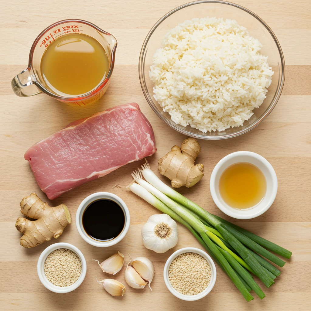 Flat lay of unpackaged pork tenderloin and rice crockpot recipe hoisin ingredients: pork tenderloin, rice, hoisin sauce, soy sauce, ginger, garlic, green onions, sesame seeds, and chicken broth.