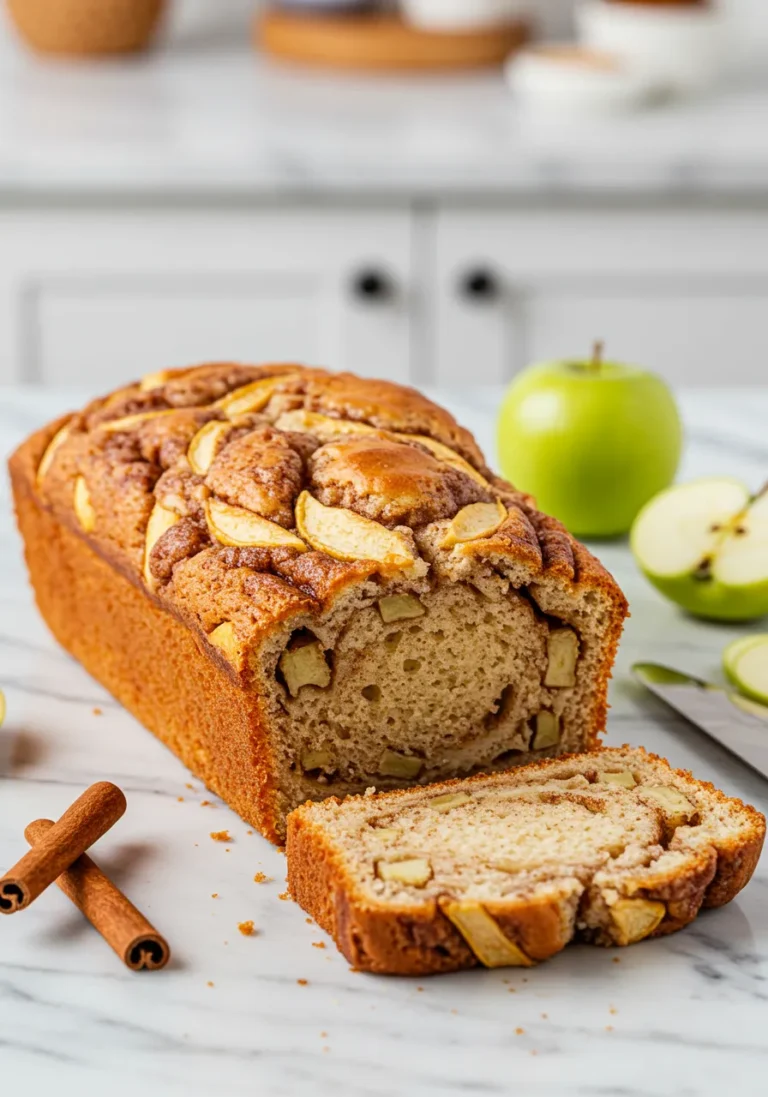 Eye-level shot of a whole apple cinnamon swirl loaf