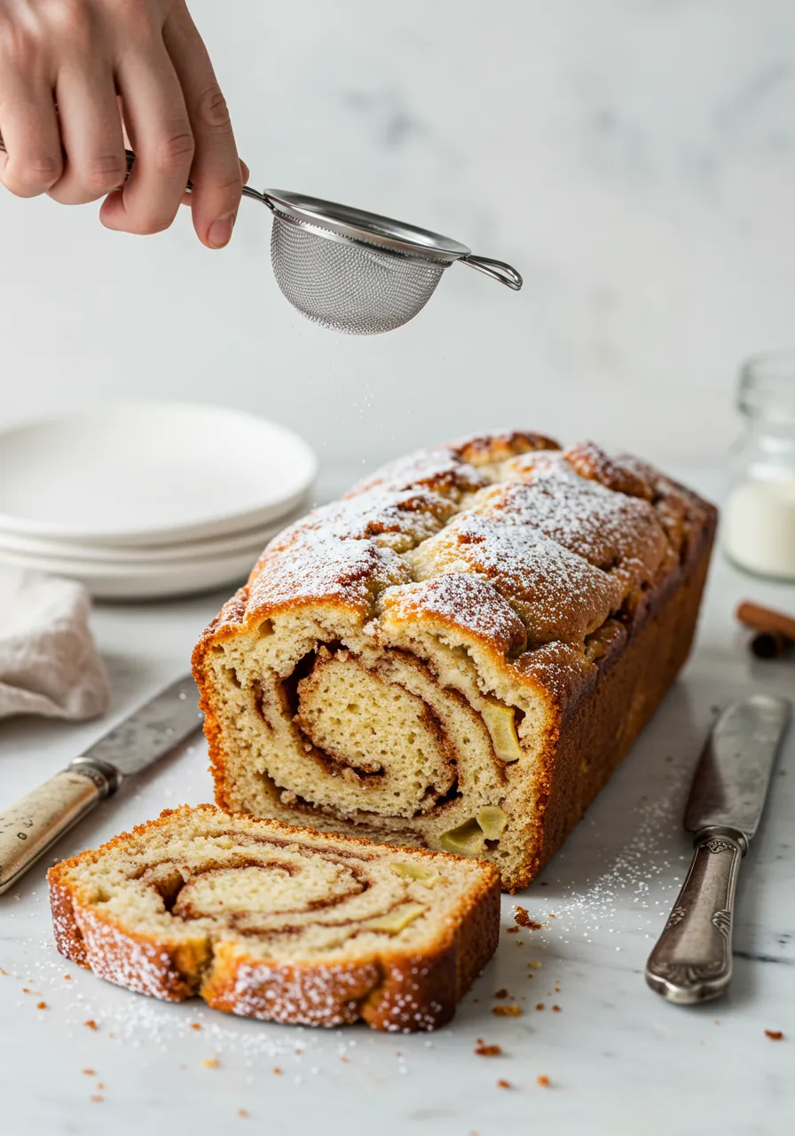 Delicious Apple Cinnamon Swirl Loaf on a marble countertop