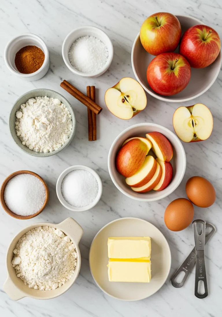 Overhead flat lay of ingredients for apple cinnamon swirl loaf
