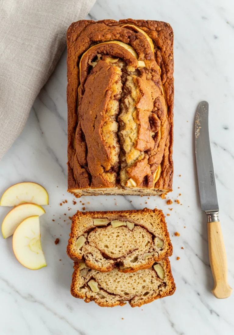 Overhead view of sliced apple cinnamon swirl loaf
