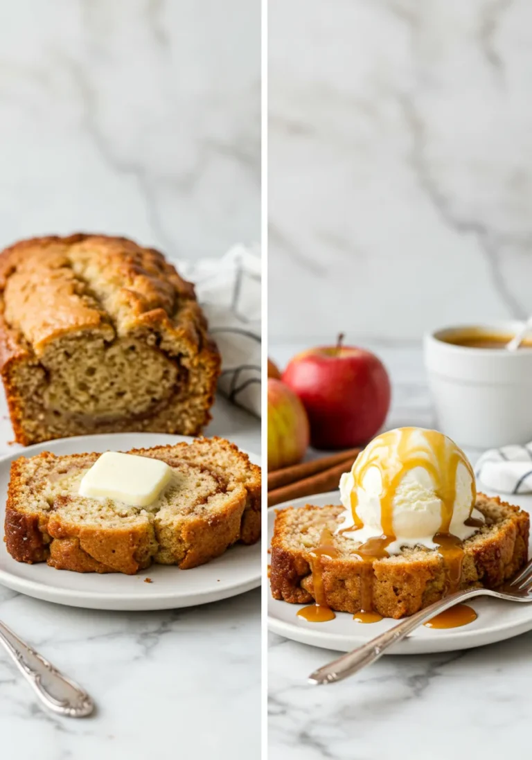 Two serving suggestions: loaf slice with butter and loaf slice with ice cream