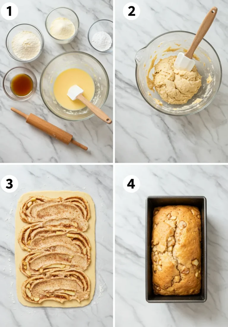 Four step-by-step images showing how to make apple cinnamon swirl loaf