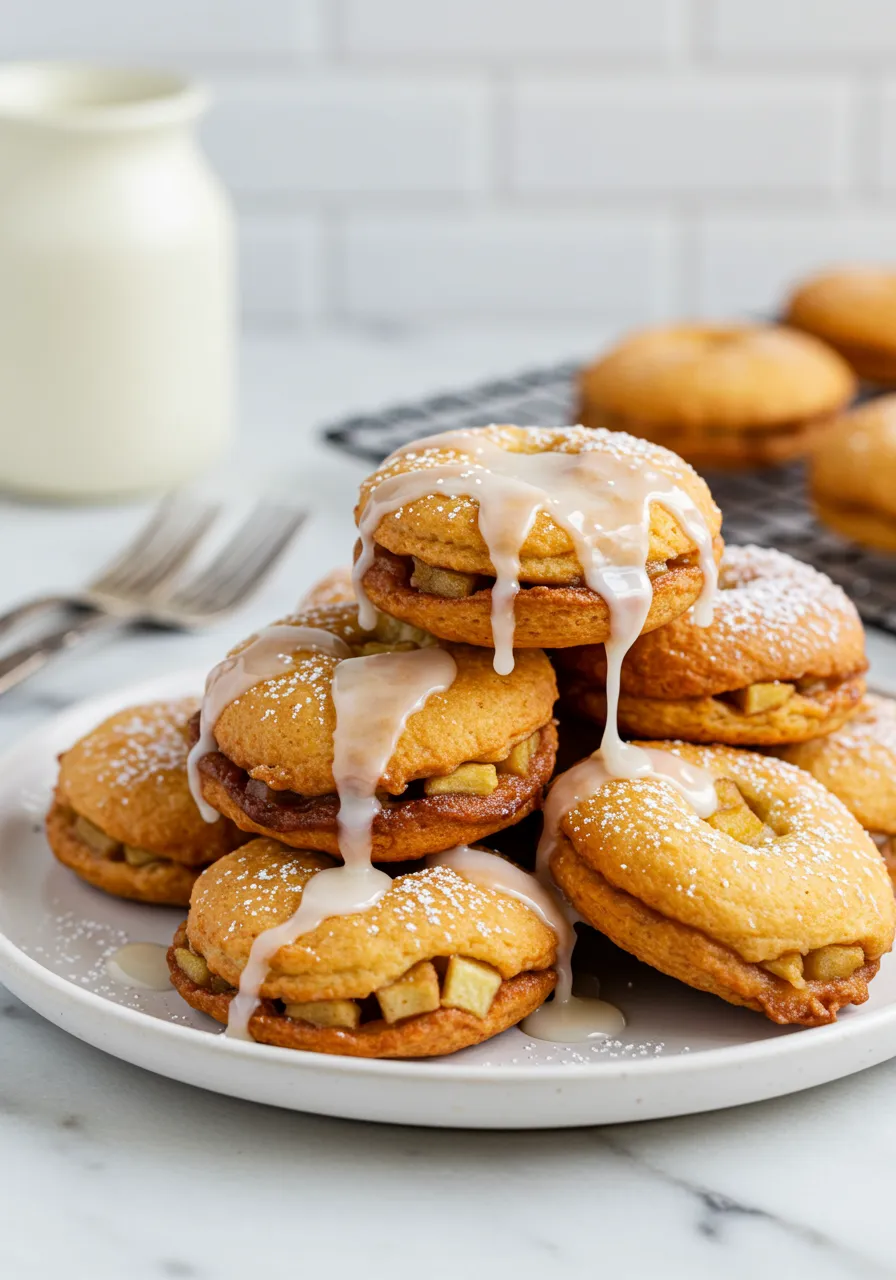 Golden brown baked apple fritters piled on a white plate with glaze and powdered sugar