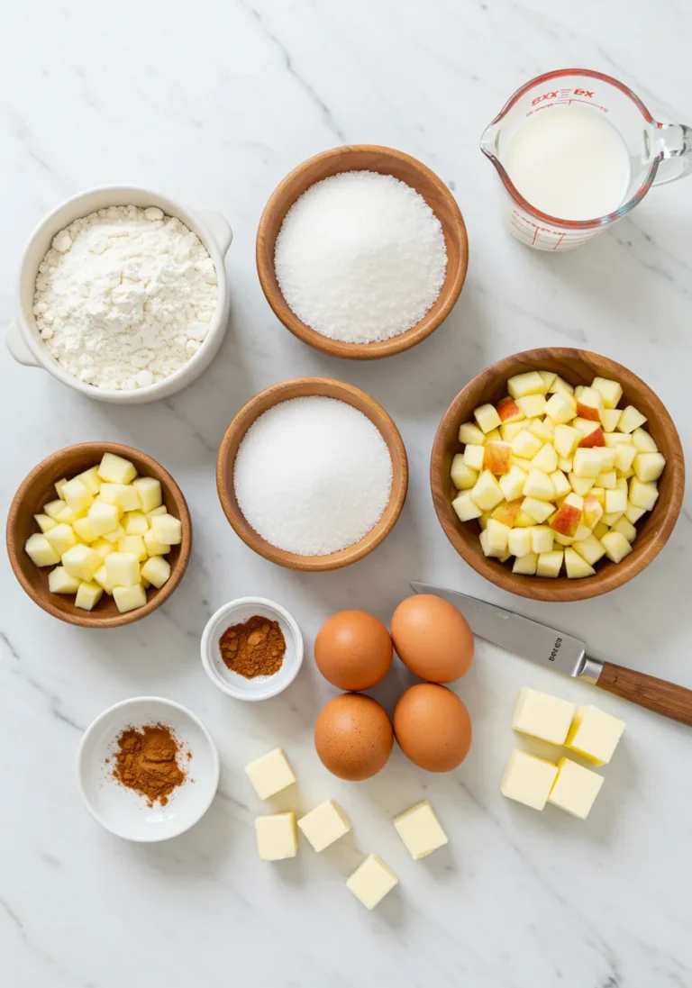 Overhead flat lay of baked apple fritter ingredients including flour, sugar, diced apples, cinnamon, eggs, milk, and butter on marble