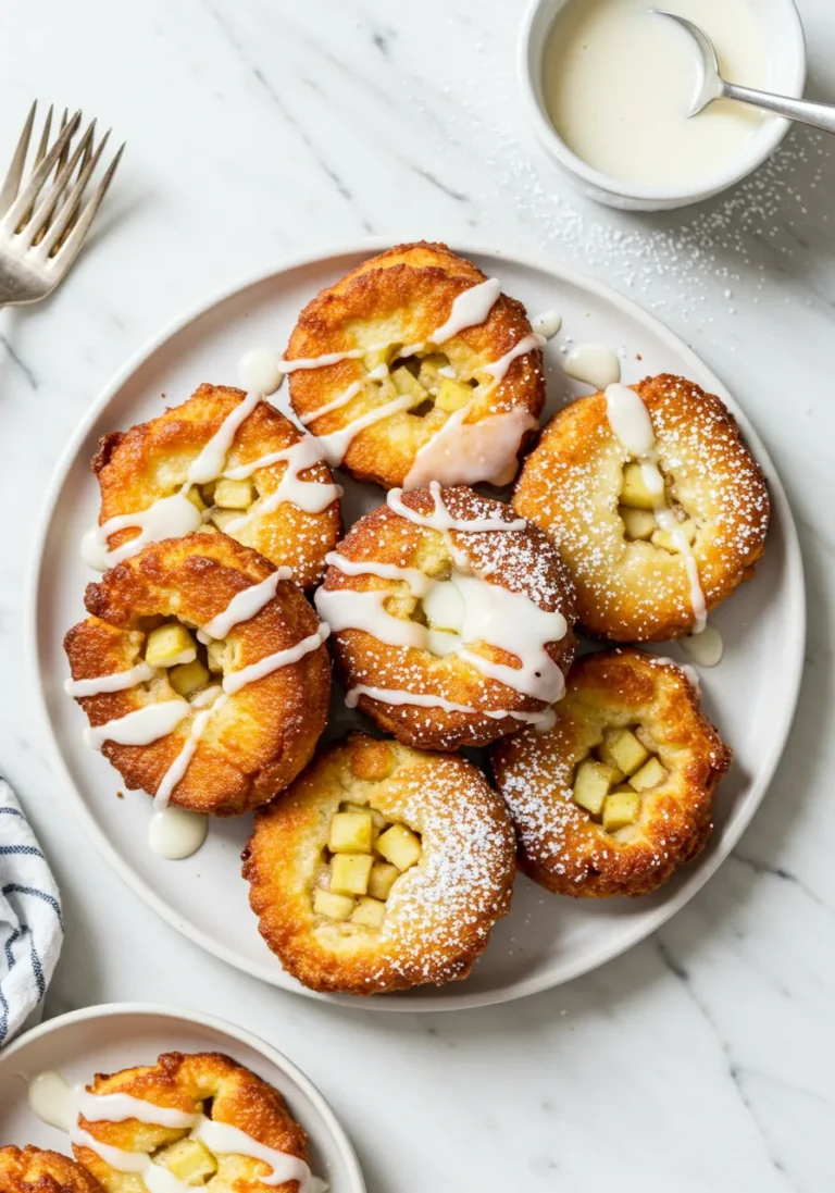 Overhead shot of baked apple fritters with glaze and powdered sugar on a white plate on marble