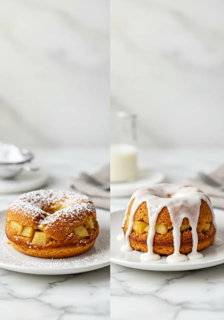 Two images side by side: one baked apple fritter with powdered sugar, another with glaze