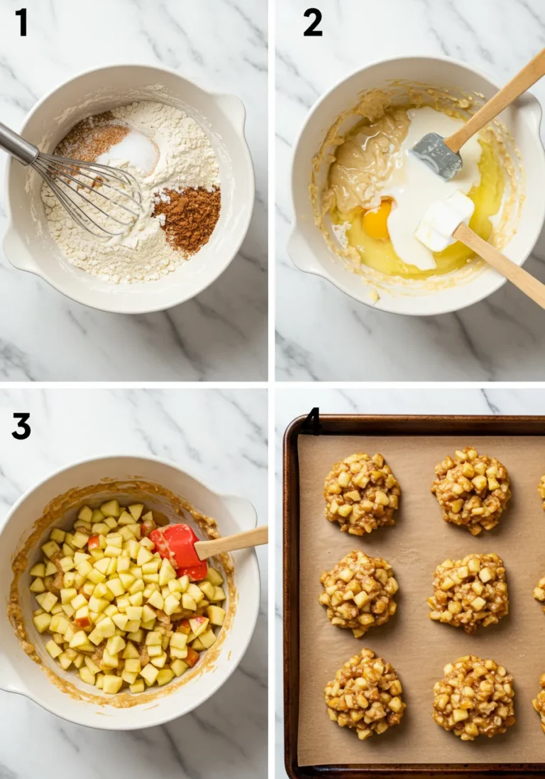Four panel image grid showing steps for baked apple fritters: mixing dry ingredients, combining wet and dry, folding in apples, shaping dough on baking sheet