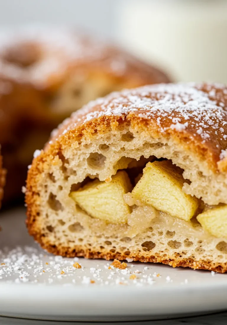 Extreme close-up showing the detailed texture of a baked apple fritter with apple chunks and powdered sugar