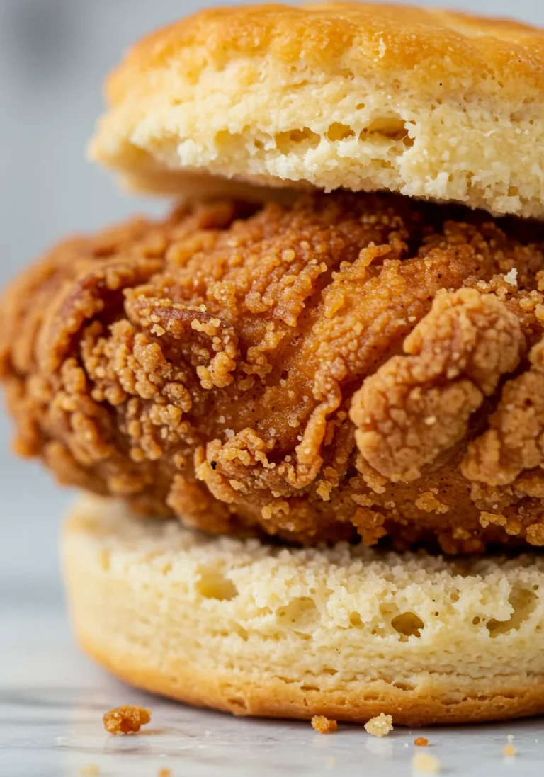Extreme Close-Up of Chicken Mini Texture: Crispy Chicken and Soft Biscuit
