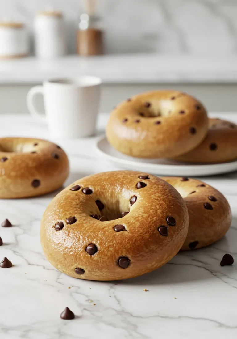 Eye-level view of chocolate chip bagels on a marble counter.