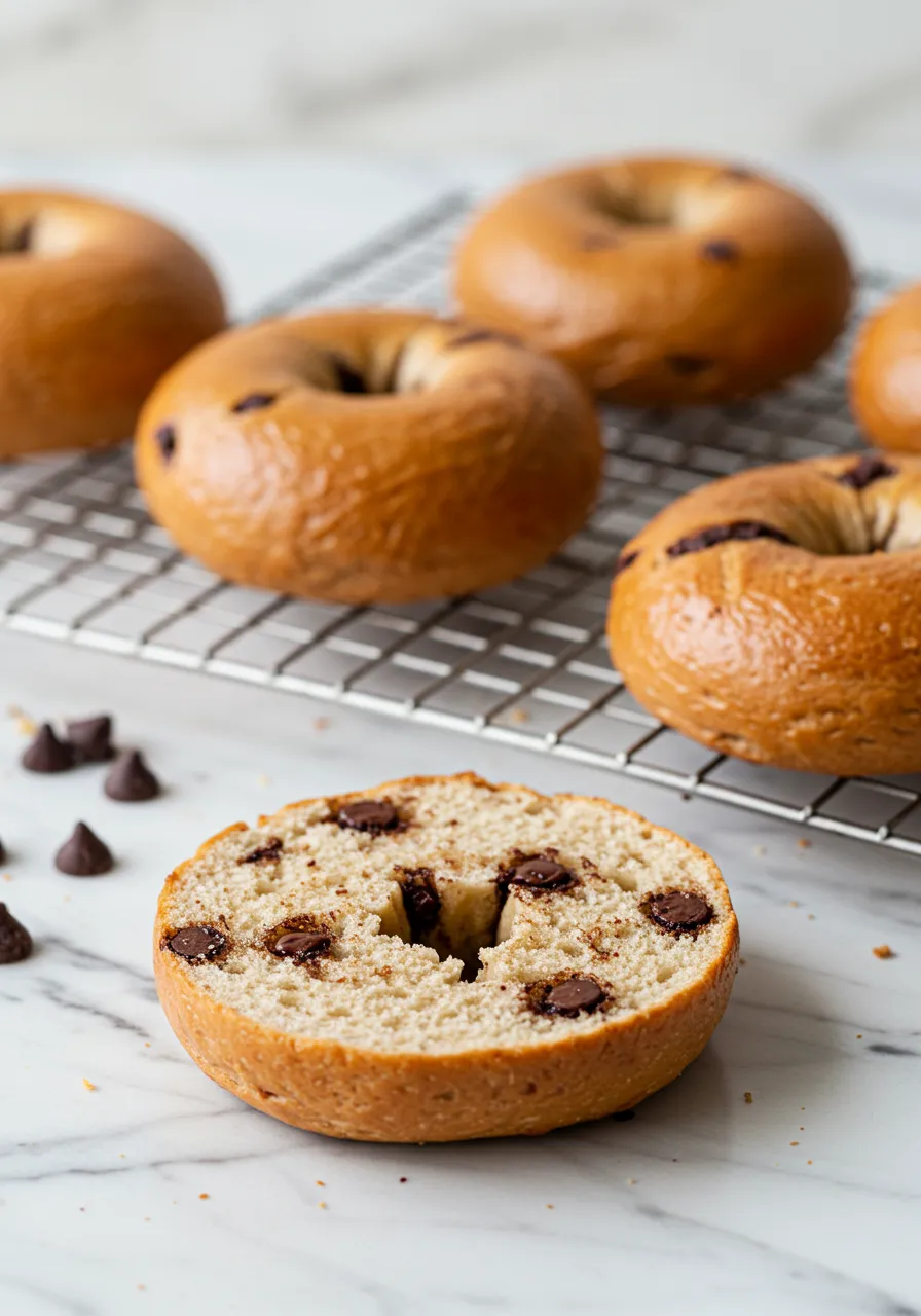 Warm chocolate chip bagels cooling on a wire rack on a marble counter.