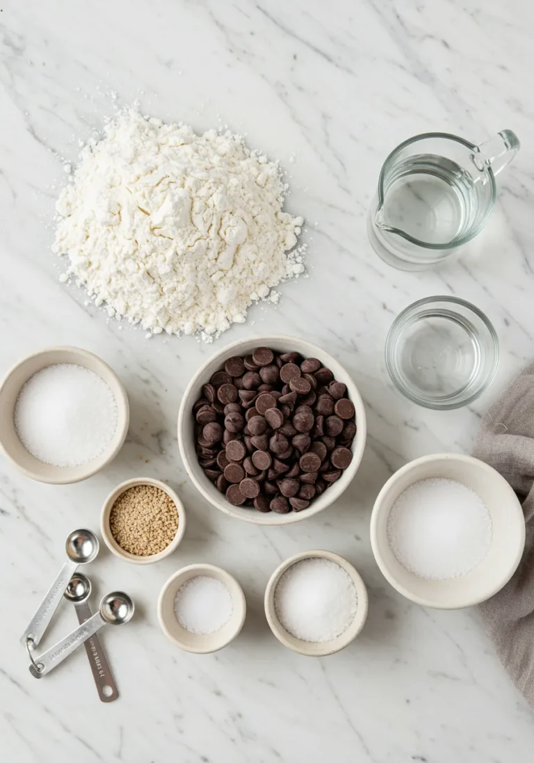 Overhead view of ingredients for chocolate chip bagels on a marble counter.
