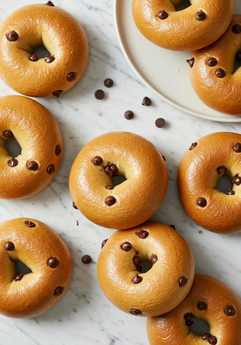 Overhead view of golden brown chocolate chip bagels on a marble counter.