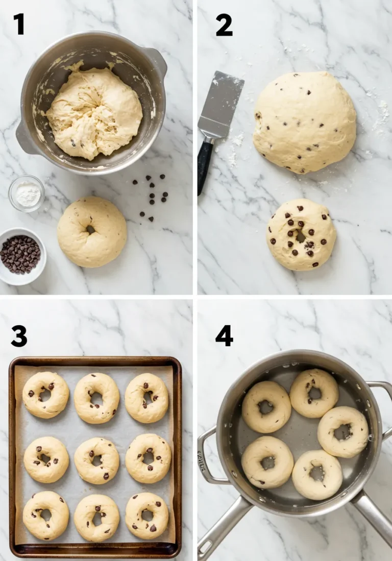 Four step-by-step images showing dough mixing, kneading, shaping, and boiling chocolate chip bagels.