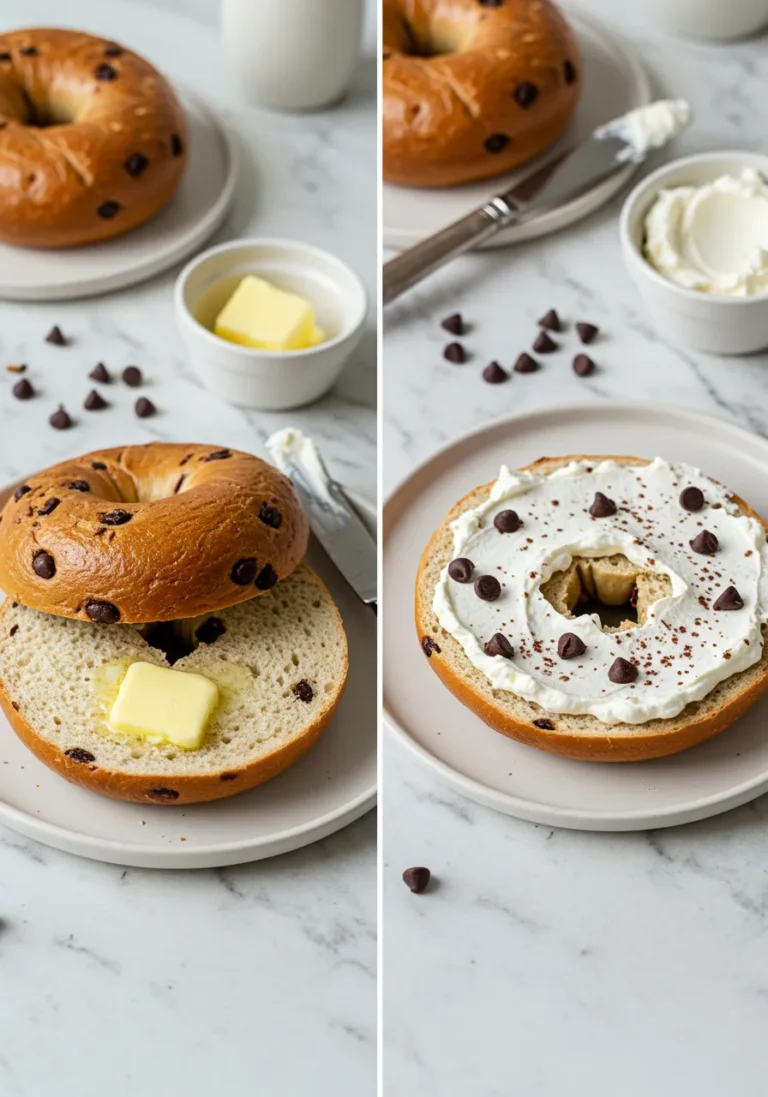 Side-by-side images showing chocolate chip bagels served with butter and with cream cheese.