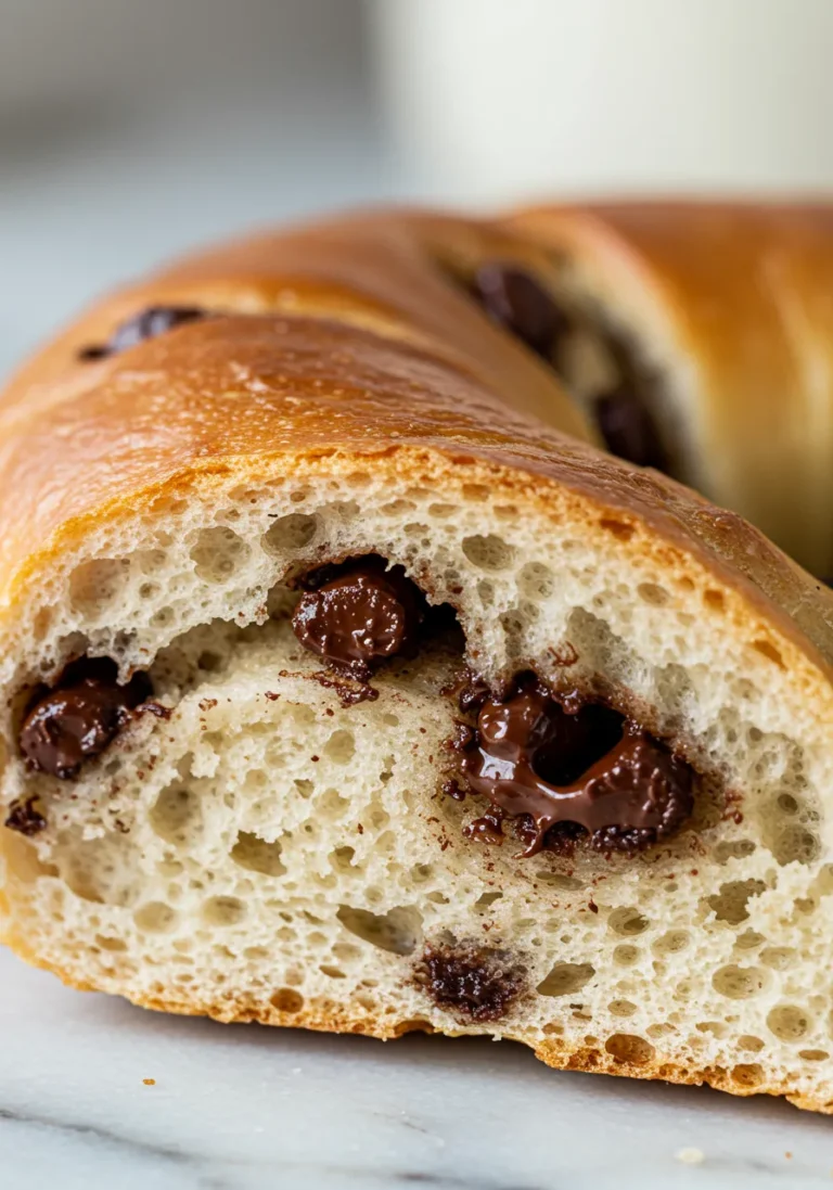 Extreme close-up of a chocolate chip bagel showing crust texture and melted chocolate.
