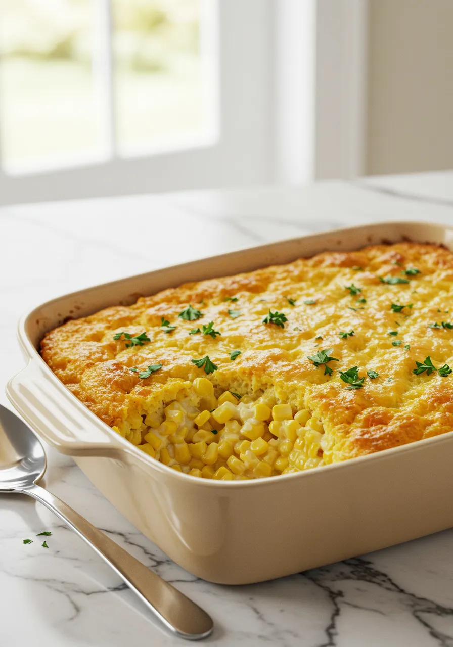 Golden Baked Cracker Barrel Corn Casserole Served from Baking Dish