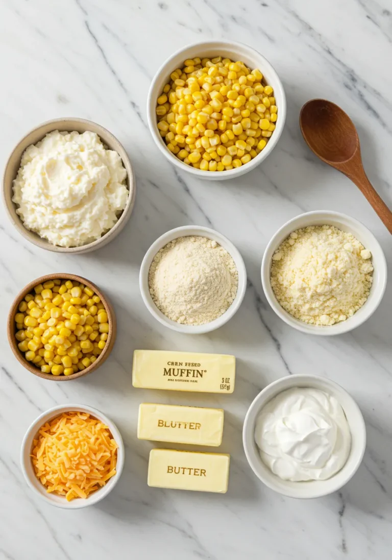 Key Ingredients for Homemade Cracker Barrel Corn Casserole Laid Out