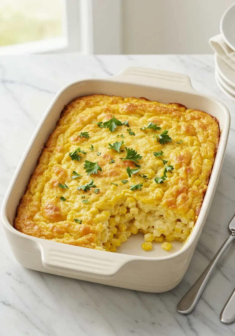 Overhead View of Baked Cracker Barrel Corn Casserole in Dish