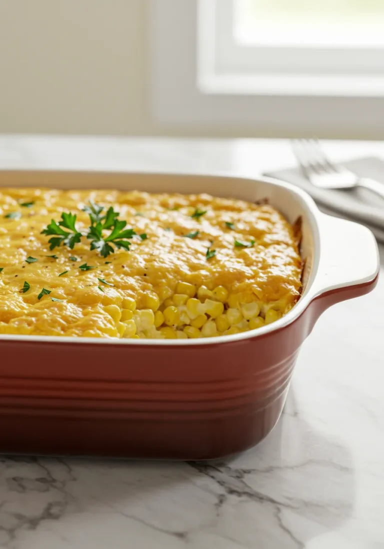 Eye-Level View of Cracker Barrel Corn Casserole Ready to Serve