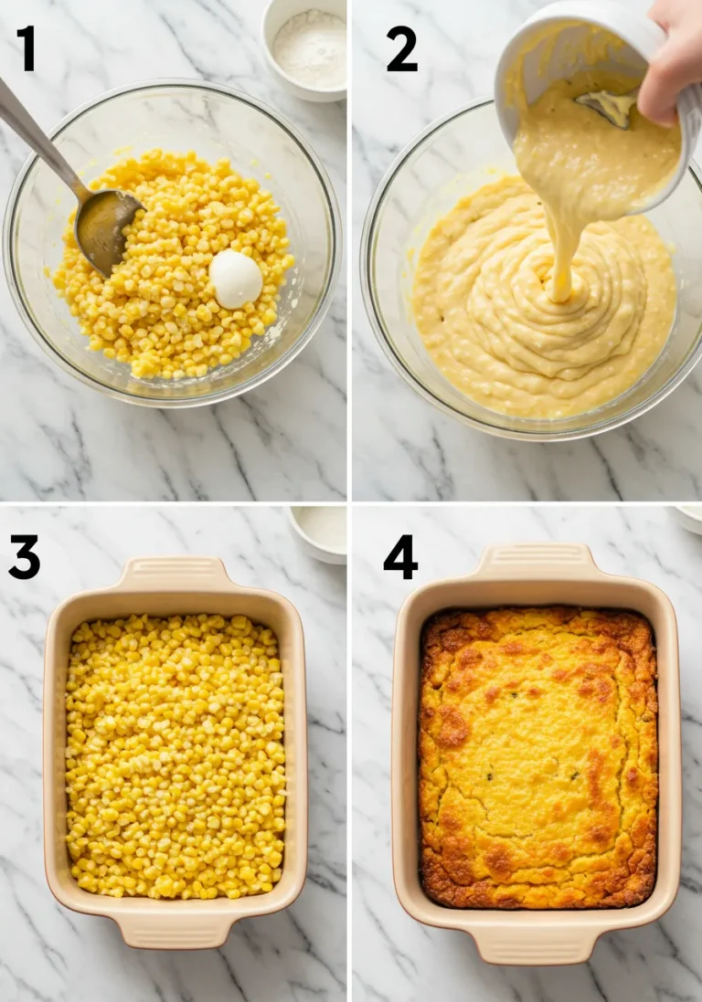 Four Step-by-Step Images for Making Cracker Barrel Corn Casserole
