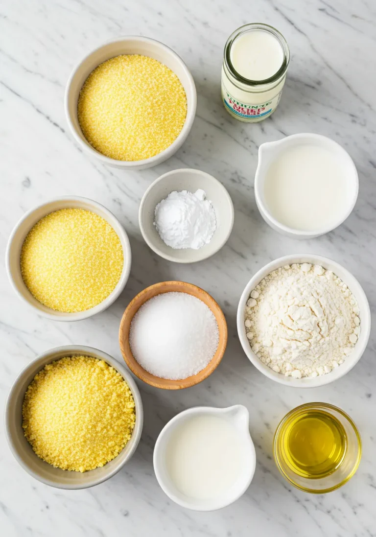 Assortment of Raw Ingredients for Eggless Cornbread Arranged on Countertop