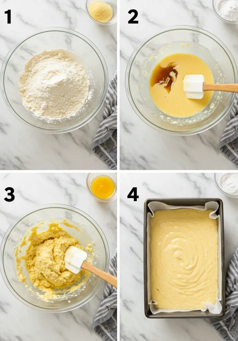 Four Steps for Mixing Eggless Cornbread Batter in a 2x2 Grid