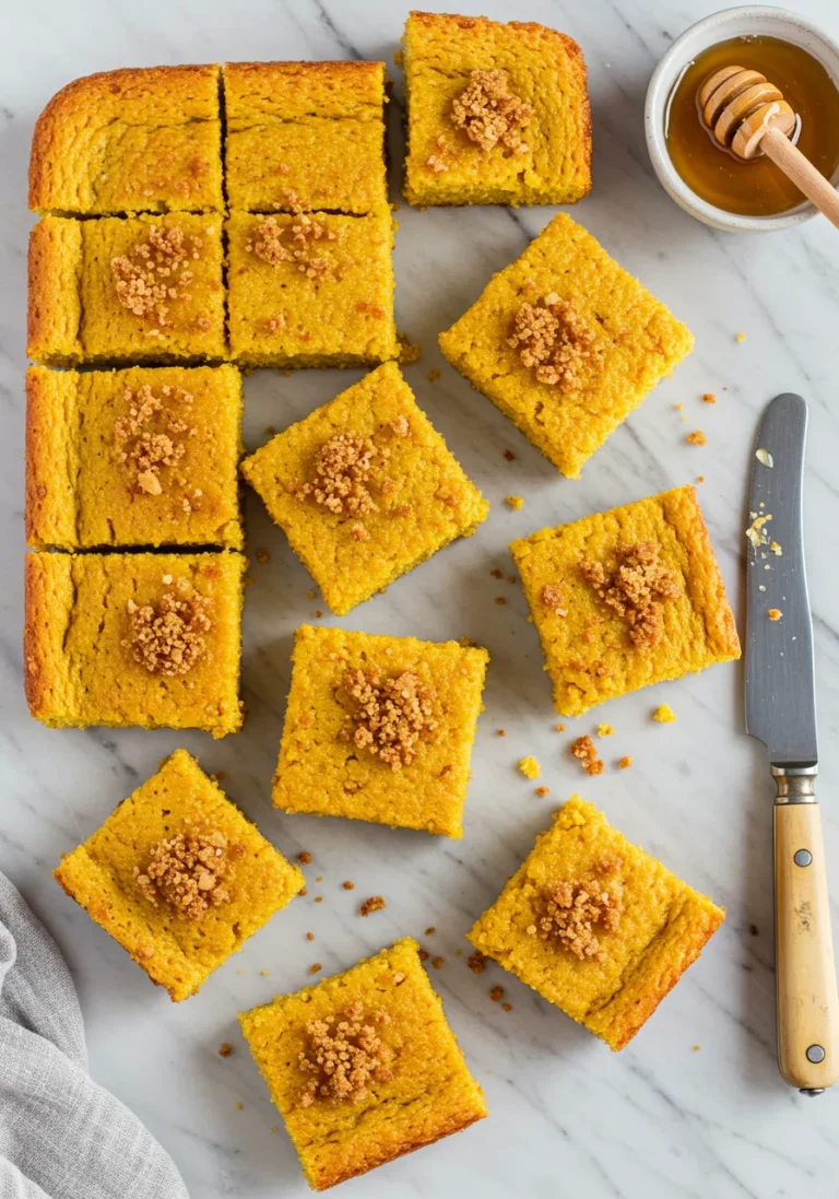 Overhead View of Eggless Cornbread Squares on White Countertop