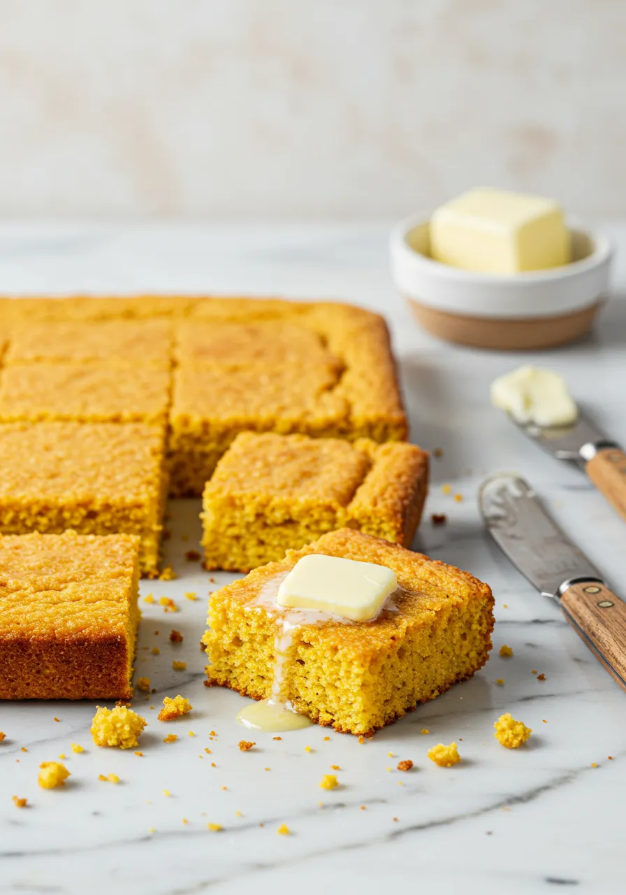 Golden-brown Eggless Cornbread Cut into Squares with Melting Butter