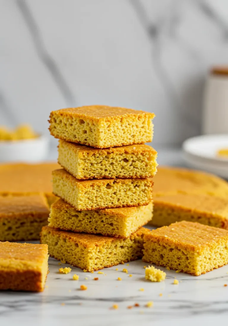 Stack of Golden-brown Eggless Cornbread Squares at Eye Level