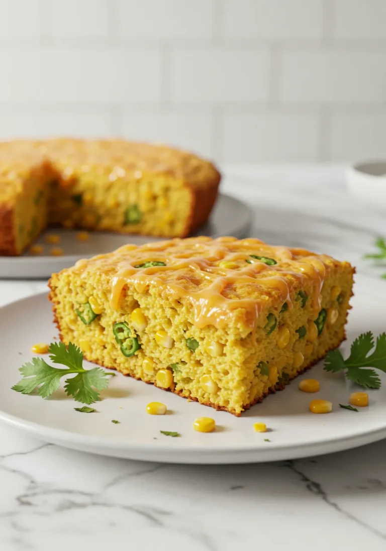 Eye-level view of a slice of Jiffy Mexican Cornbread on a plate