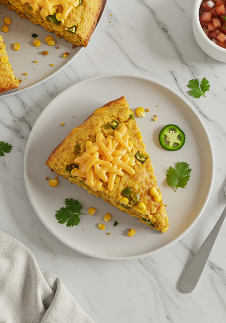 Overhead view of a slice of Jiffy Mexican Cornbread