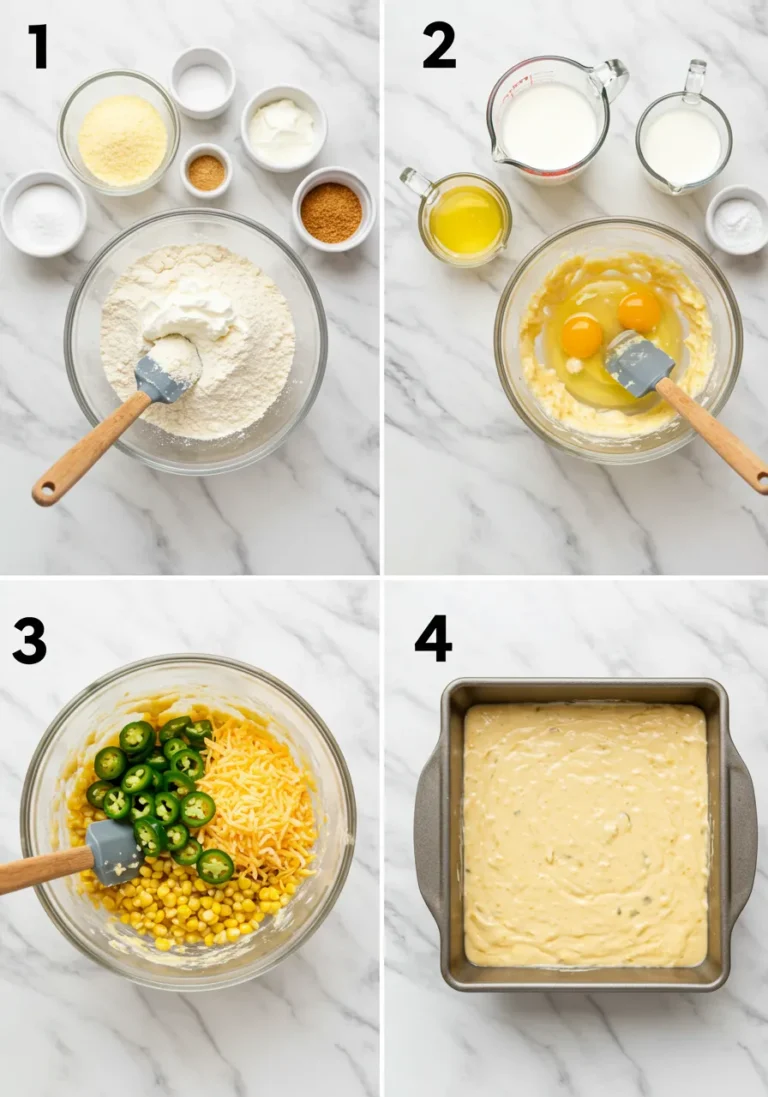 Four step-by-step images for making Jiffy Mexican Cornbread
