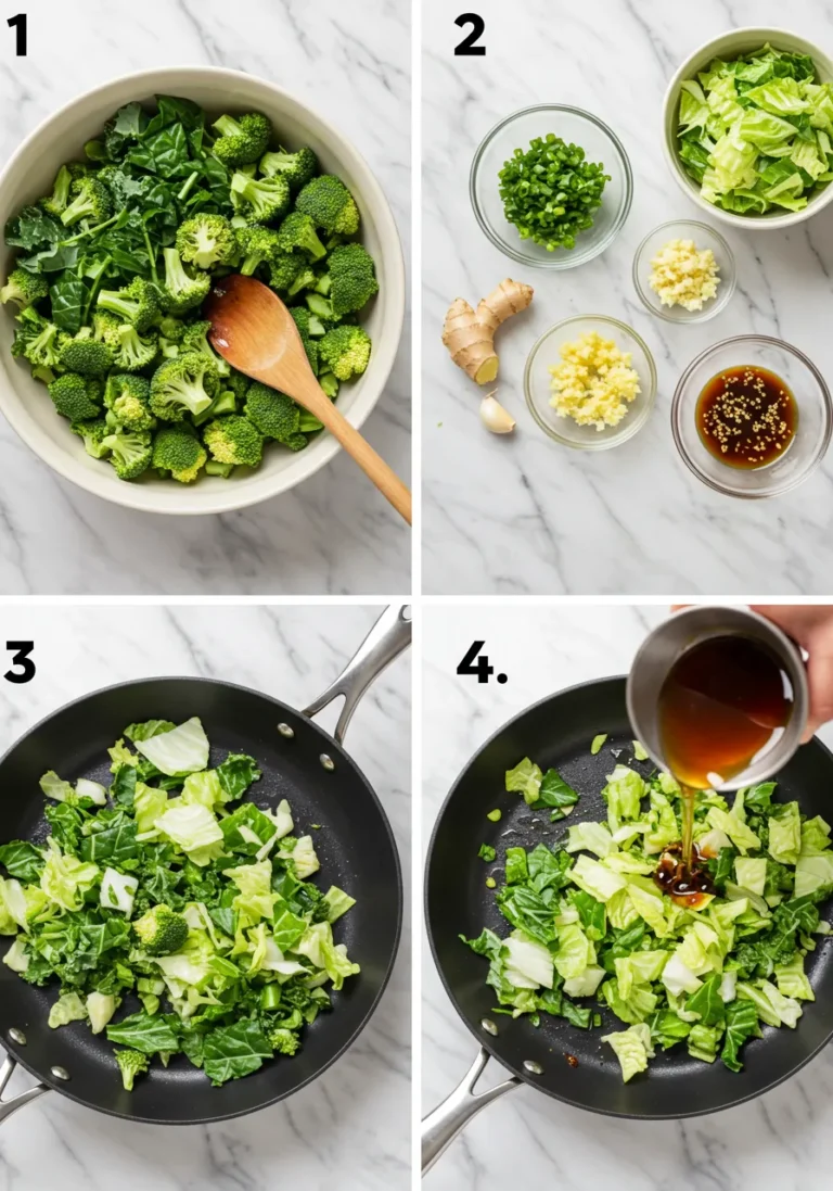 Four visual steps in a grid showing preparation of Panda Express Super Greens.