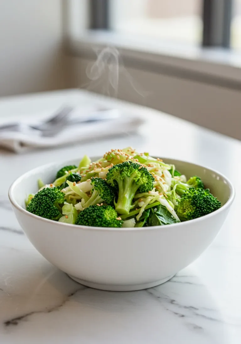 Appealing Panda Express Super Greens in a bowl on marble, viewed at eye level.