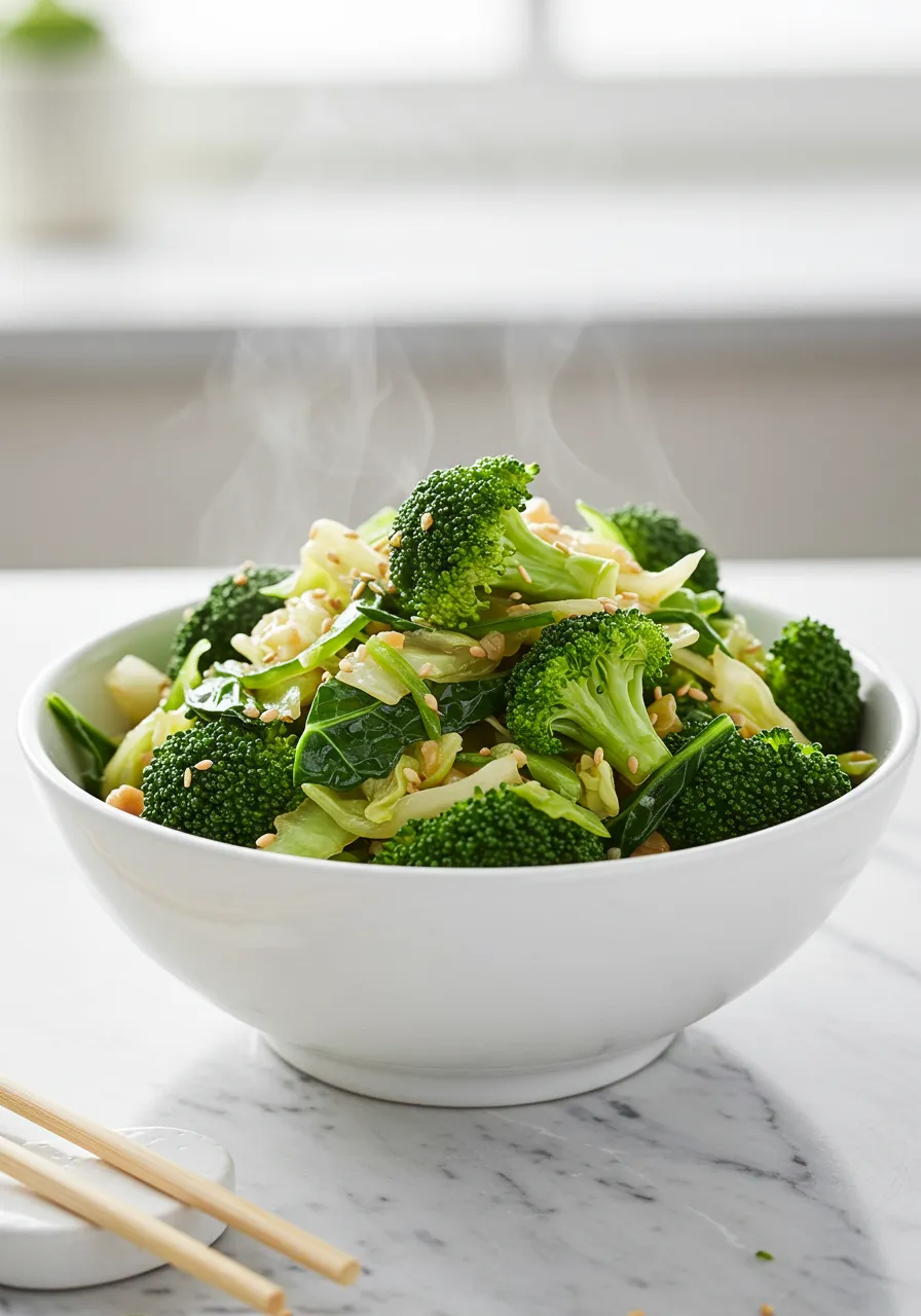 Vibrant Panda Express Super Greens served in a white bowl on marble, slightly elevated view.