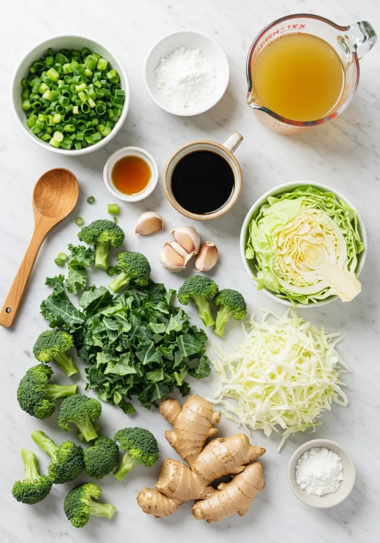 Fresh raw ingredients for Panda Express Super Greens arranged in a flat lay on marble.