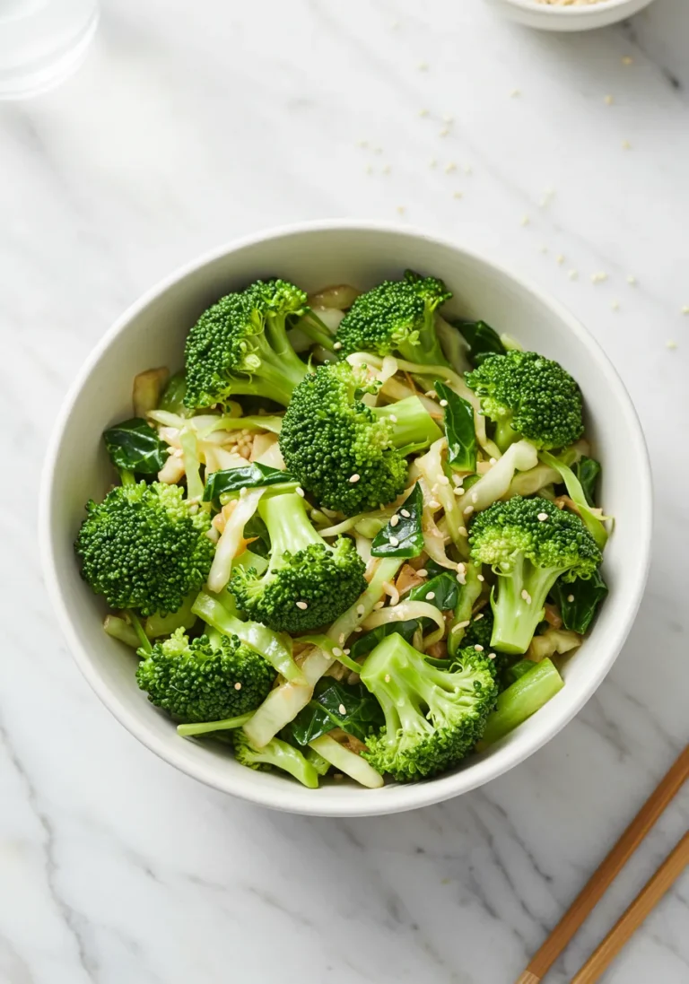 Overhead view of delicious Panda Express Super Greens in a white bowl on marble.