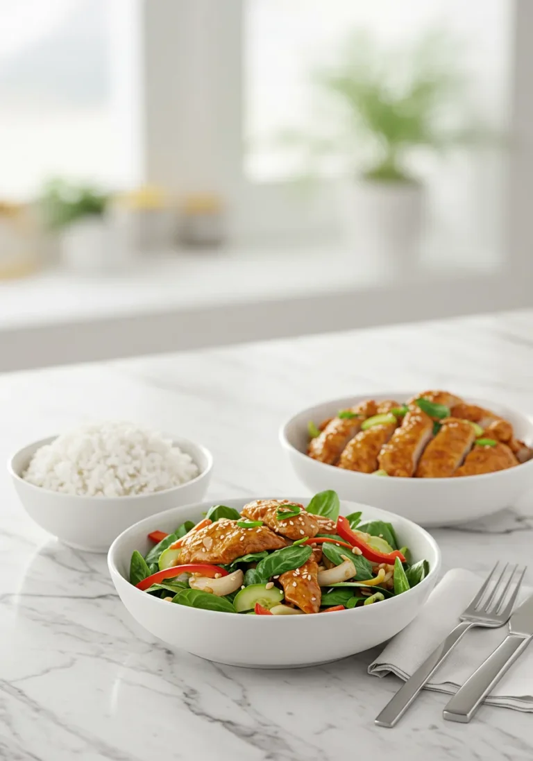 Two serving ideas for Super Greens: with rice, and with a chicken dish, shown side-by-side.