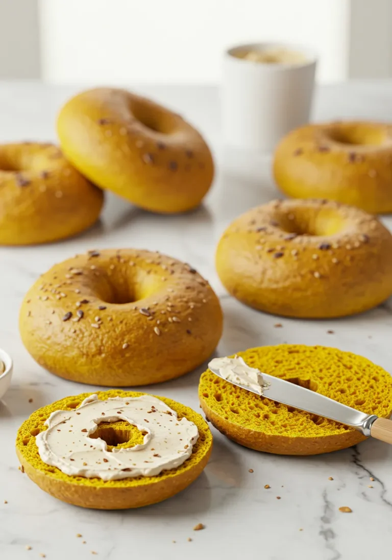 Eye-Level view of Finished Pumpkin Bagels on White Marble