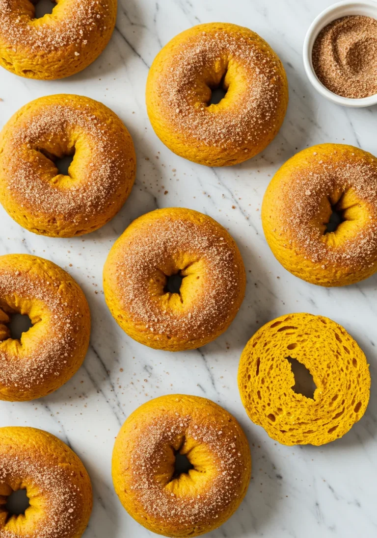 Overhead Flat Lay of Finished Pumpkin Bagels on White Marble