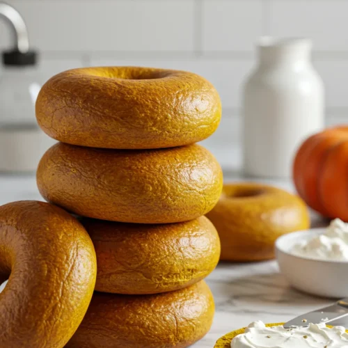Delicious Stack of Homemade Pumpkin Bagels on White Marble Counter
