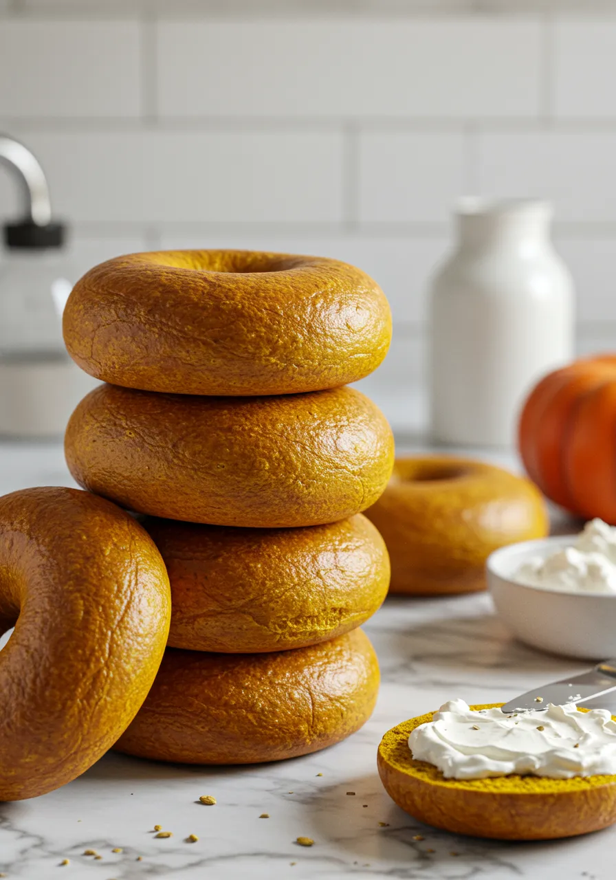 Delicious Stack of Homemade Pumpkin Bagels on White Marble Counter