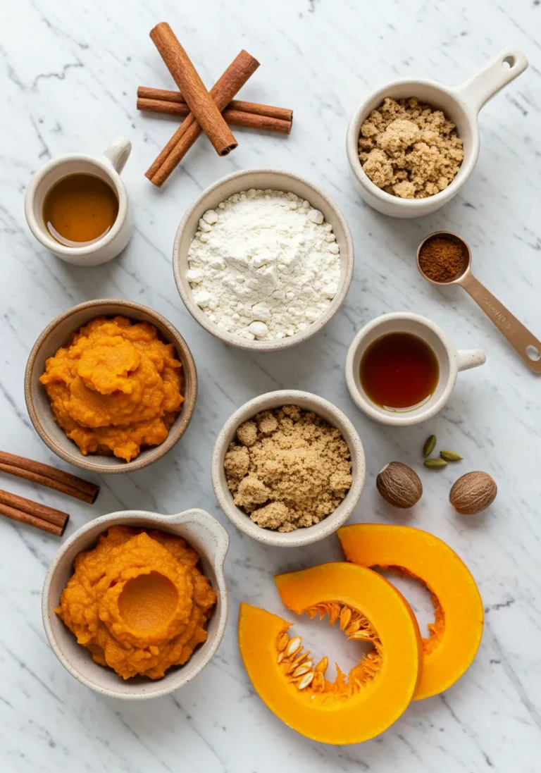 Overhead view of raw ingredients for Pumpkin Bagels arranged on a marble countertop